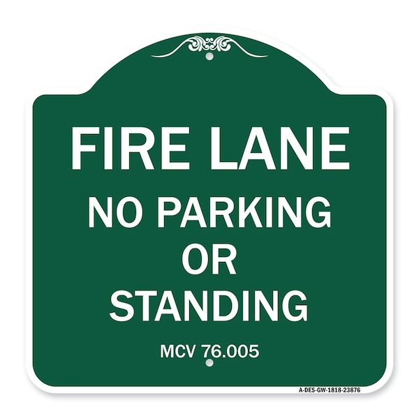 Signmission Michigan Fire Lane No Parking or Standing, Green & White Aluminum Sign, 18" x 18", GW-1818-23876 A-DES-GW-1818-23876 - main